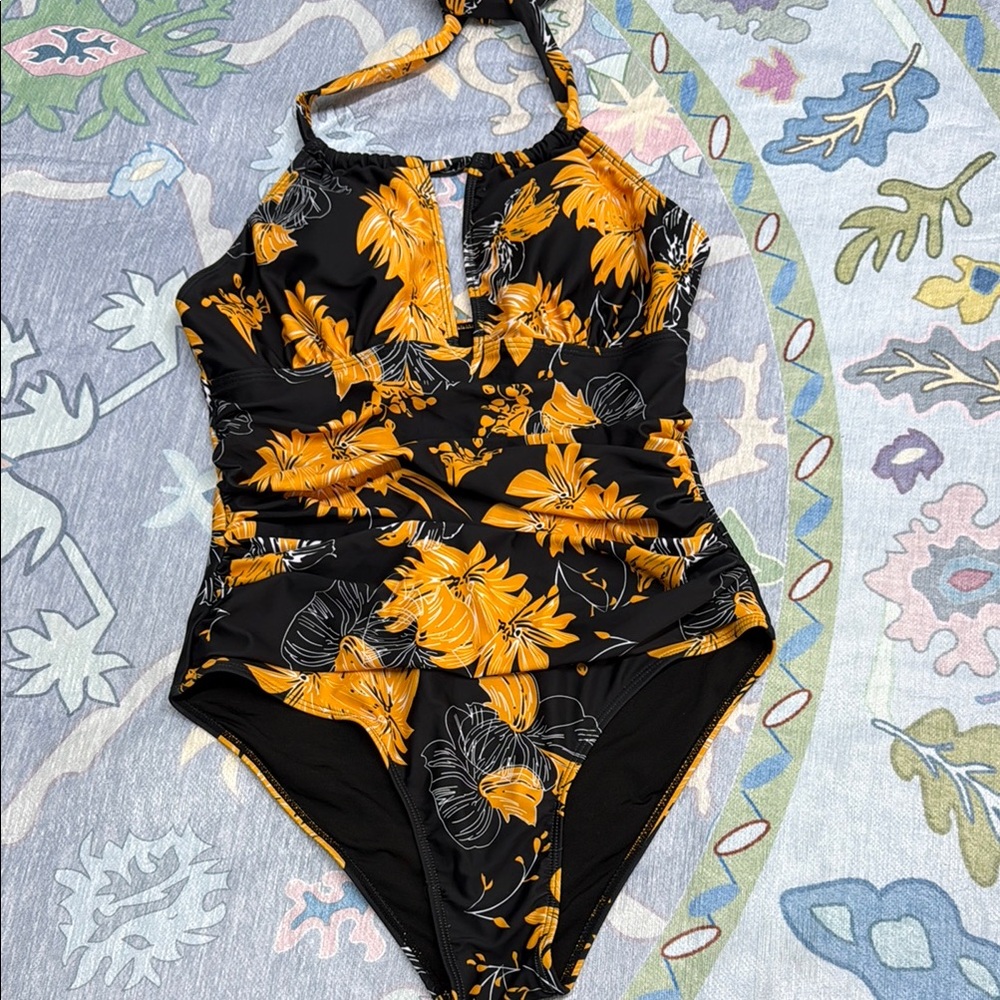 Black and Orange One Piece Swim Halter Neck NWOT size L
